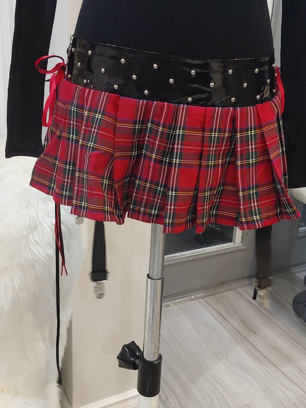 Bundle Plaid Red Mini Skirt with Studded Waistband - Picture 6 of 12
